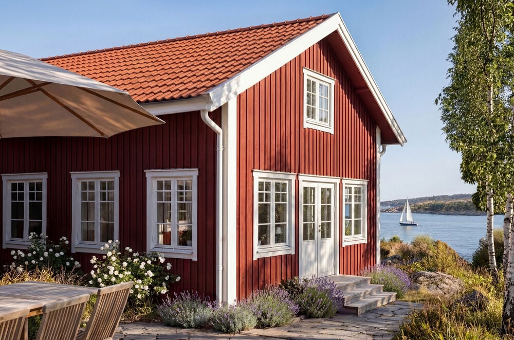 Vit fasadfärg på fönsterkarmar, dörrar och lister på ett rött hus vid havet.