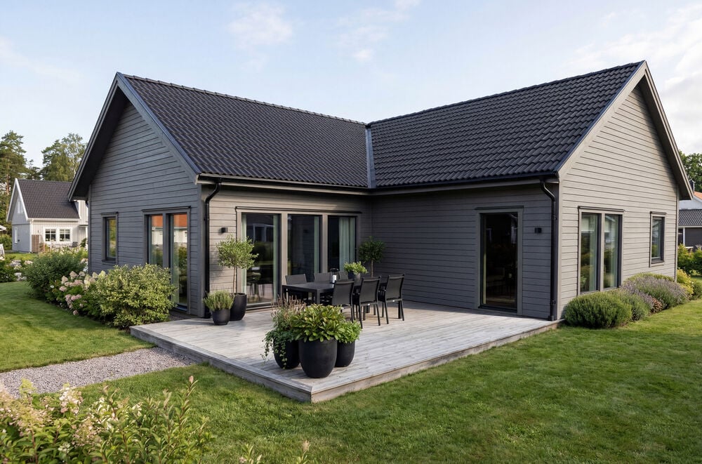 Ett modernt hus med Storm Grey fasadfärg på ytterväggarna, med svart tak och ett ljust trädäck.