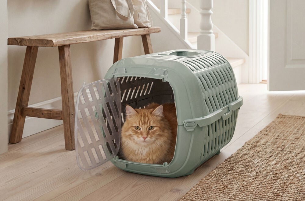 Grön/grå Transportbur med öppen dörr och en orange katt inuti.