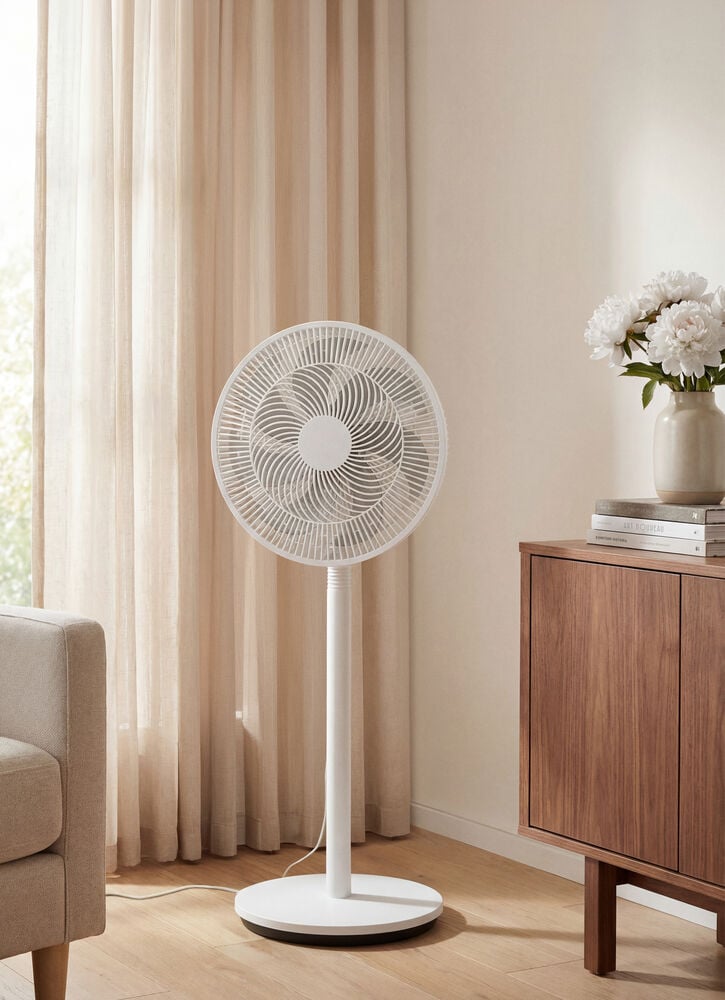 En hvit FS26 gulvventilator med sirkulært hode og rund base på et tregulv.