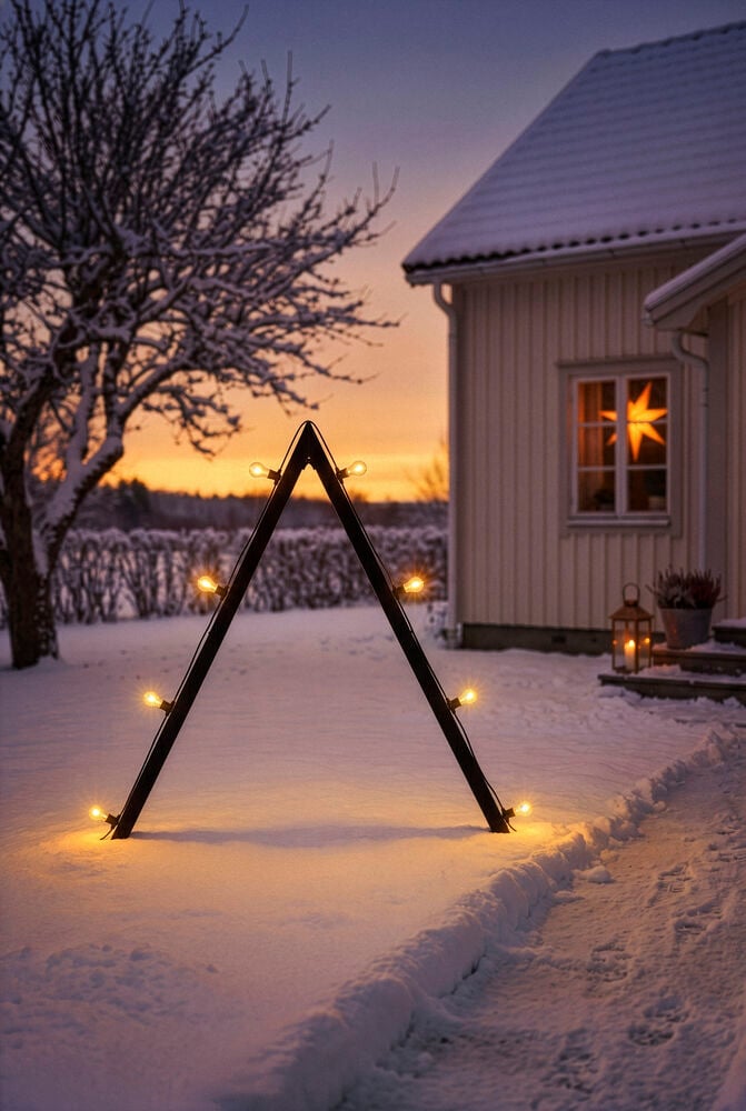 Musta Adventtikynttelikkö valoketjulle Smedsbo 160 cm, A-muotoinen 7 hehkuvalla lampulla lumessa.