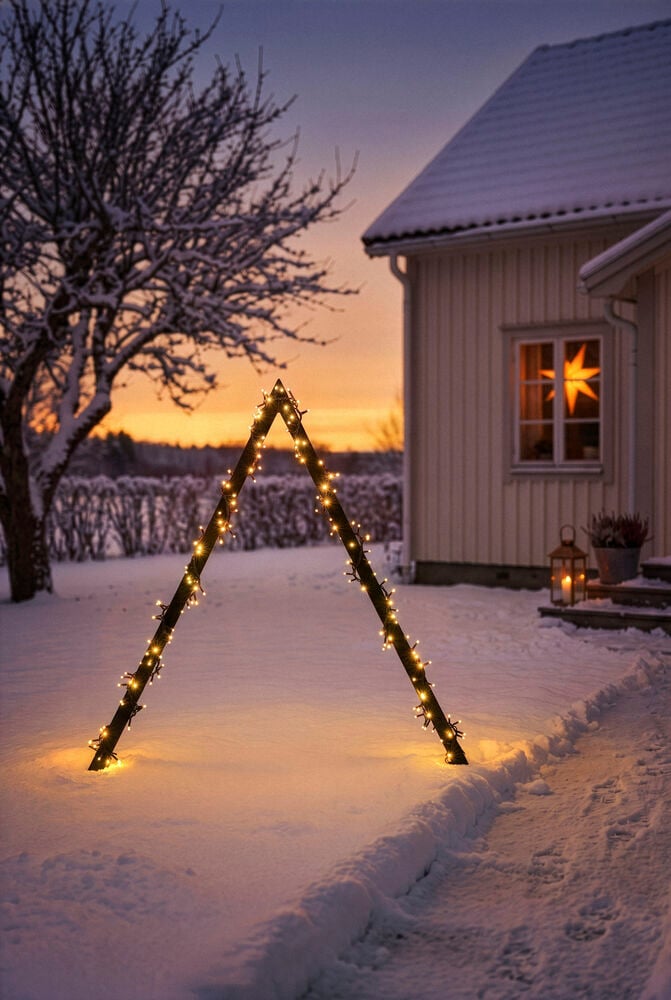 Musta Adventtikynttelikkö valoketjulle Smedsbo 160 cm, kolmiomainen, valaistu lumessa talon edessä.