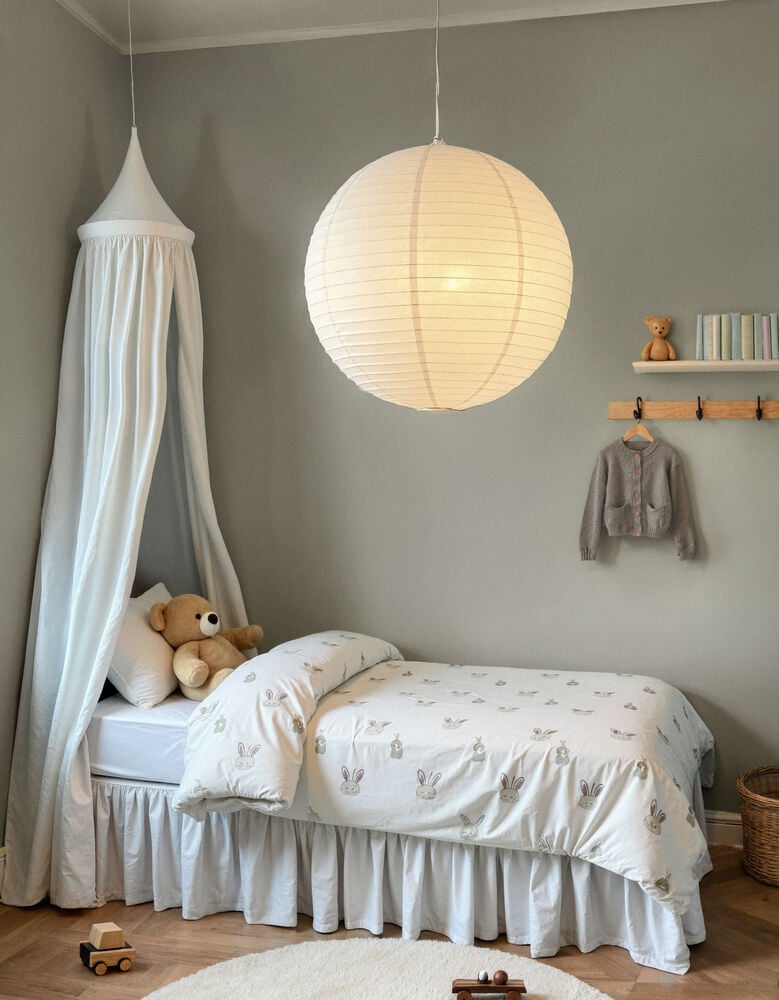 Valkoinen pyöreä riisipaperilamppu roikkuu lastenhuoneessa sängyn yläpuolella.