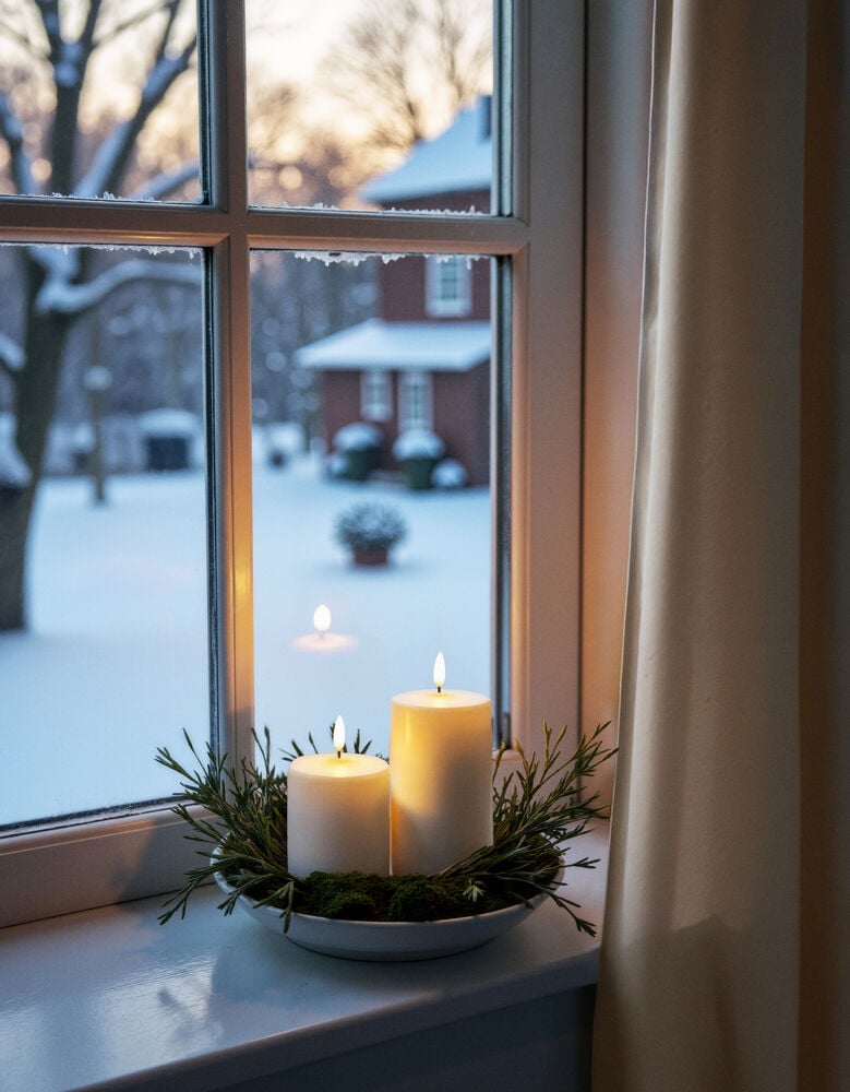 Två blockljus på fönsterbräda med vinterutsikt.