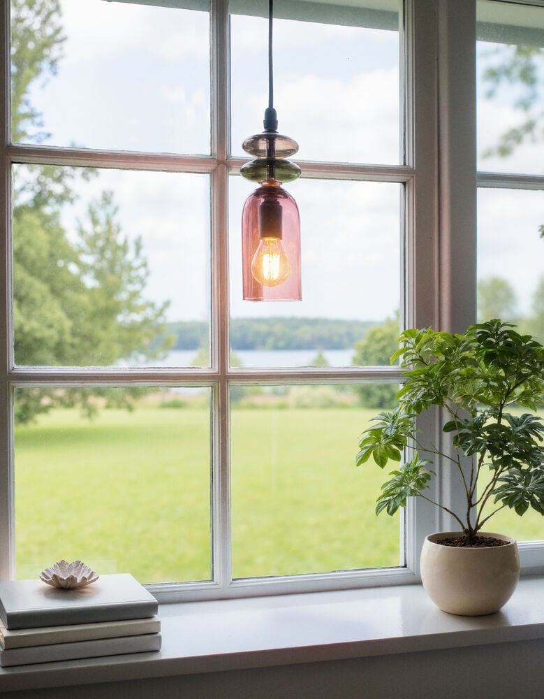 Rosa ja vihreä lasinen ikkunalamppu roikkuu.