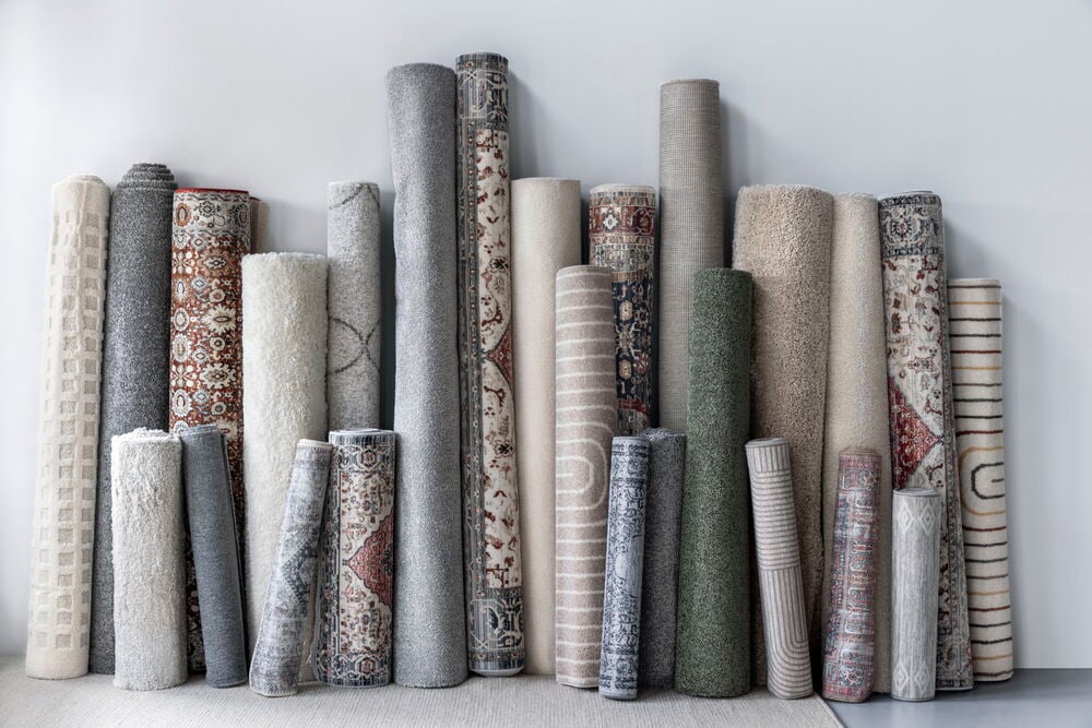 Useat rullatut käytävämatot eri väreissä ja kuvioissa.