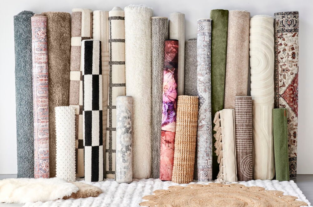 Flera upprullade mattor i olika färger och mönster.