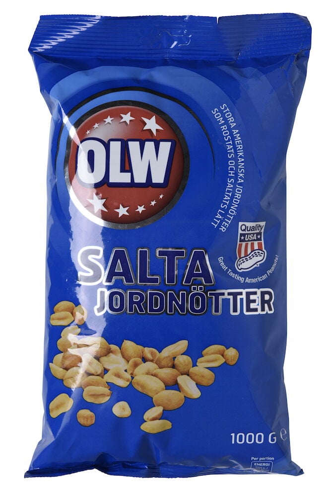 Blå påse OLW salta jordnötter ett kilo.
