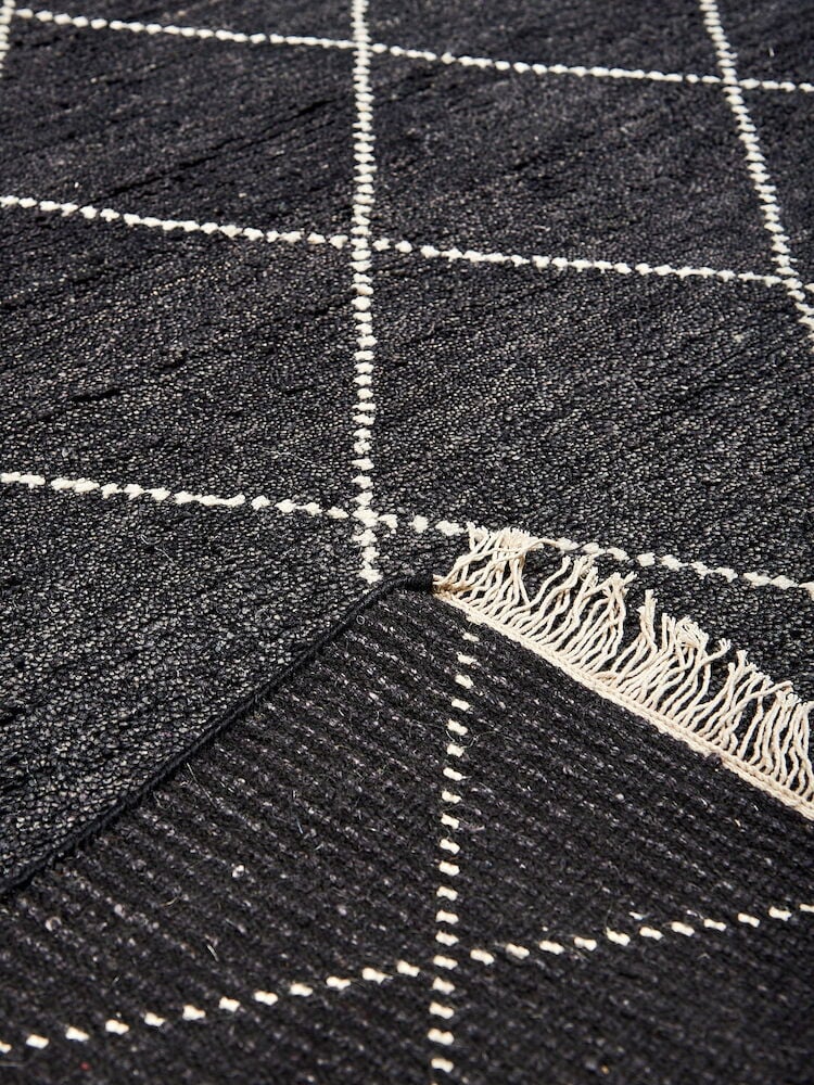 Musta villamatto, jossa on valkoinen ruutukuvio ja hapsut.