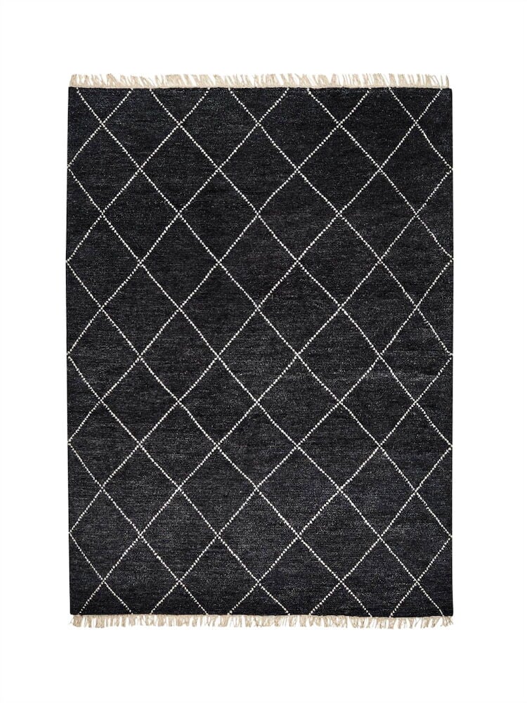 Musta villamatto, jossa valkoruudullinen kuvio ja hapsut.