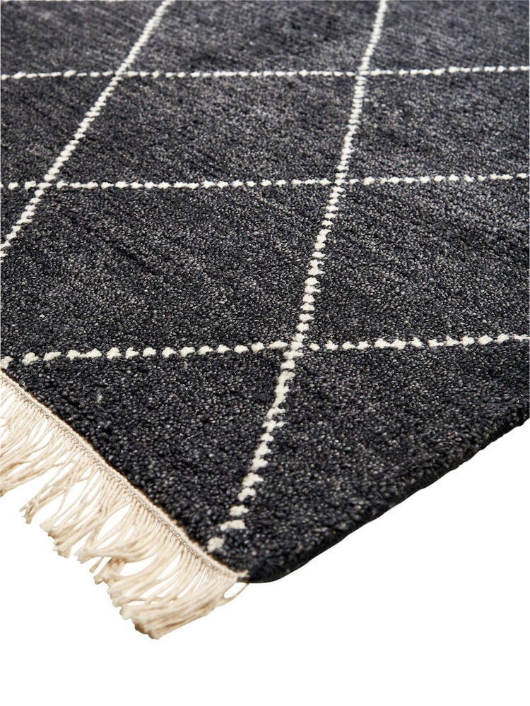 Musta villamatto, jossa on valkoinen ruudullinen kuvio ja hapsut.