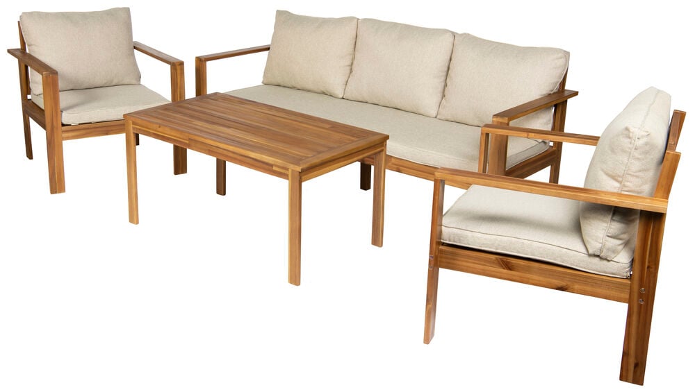 Puutarhakalustesetti akaasiasta beigeillä tyynyillä.