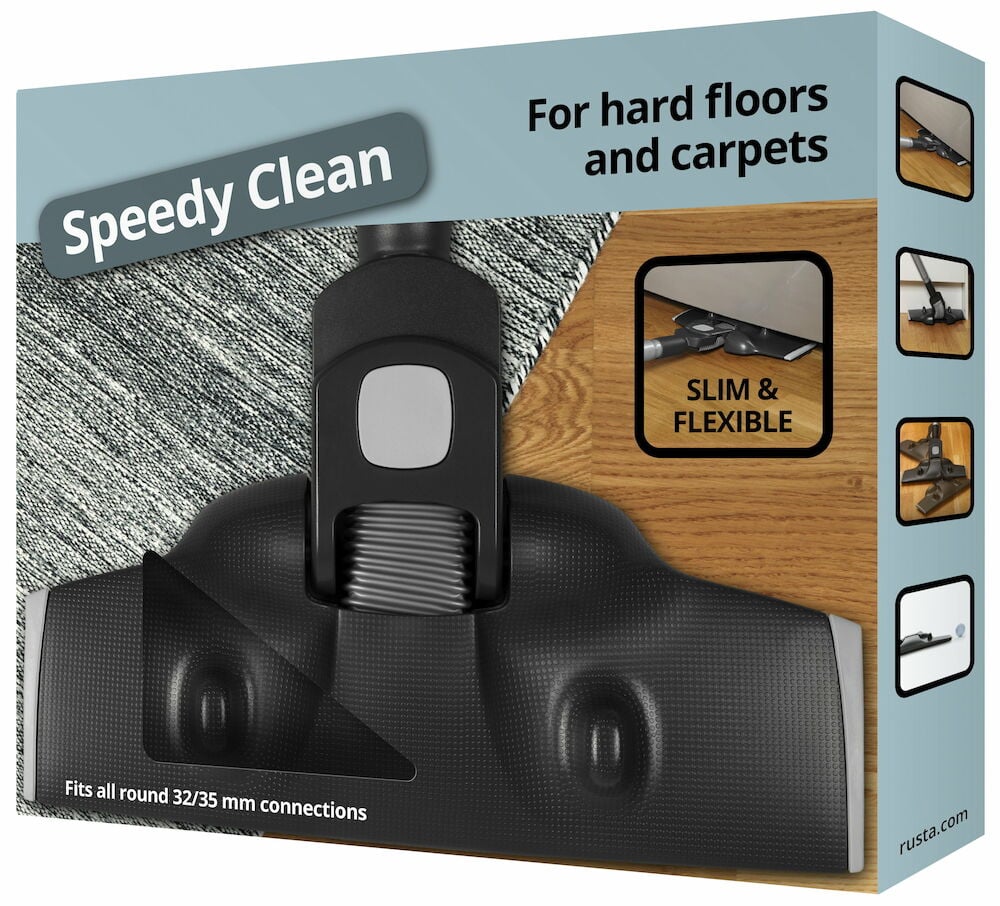 Svart dammsugarmunstycke på förpackning för golv och mattor.