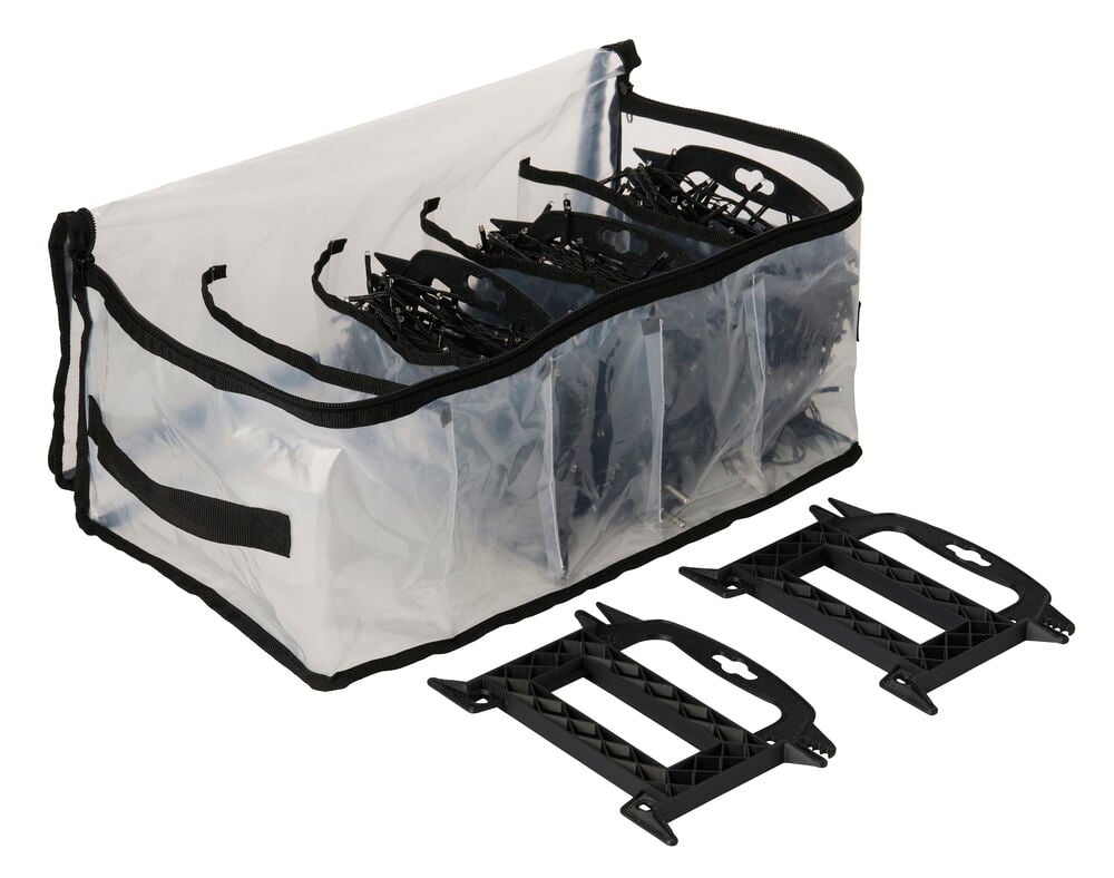 Aufbewahrungstasche mit 5 Aufwicklern Transparent Für Lichterketten, gefüllt mit schwarzen Aufwicklern, plus zwei lose schwarze Aufwickler.