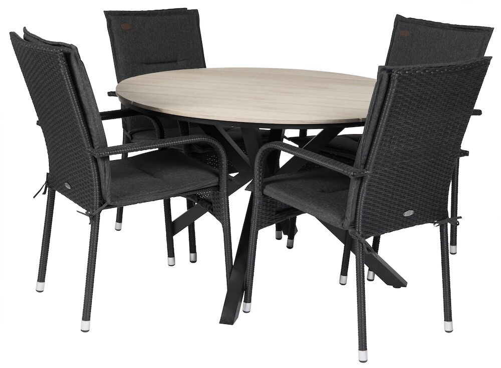 Runt svart utebord med fyra svarta stolar.