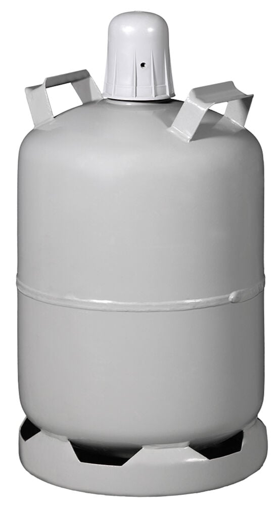 Harmaa teräksinen kaasupullo, jossa on kahva ja kansi.