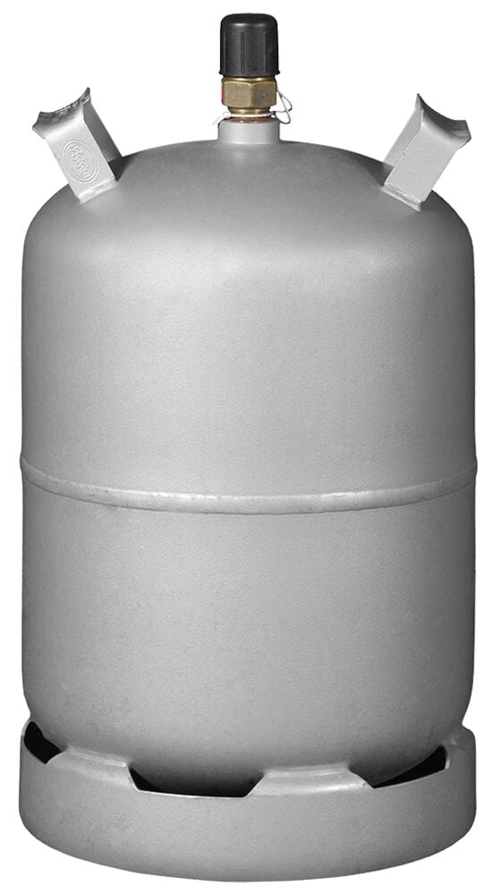 Harmaa teräksinen kaasupullo venttiilillä.