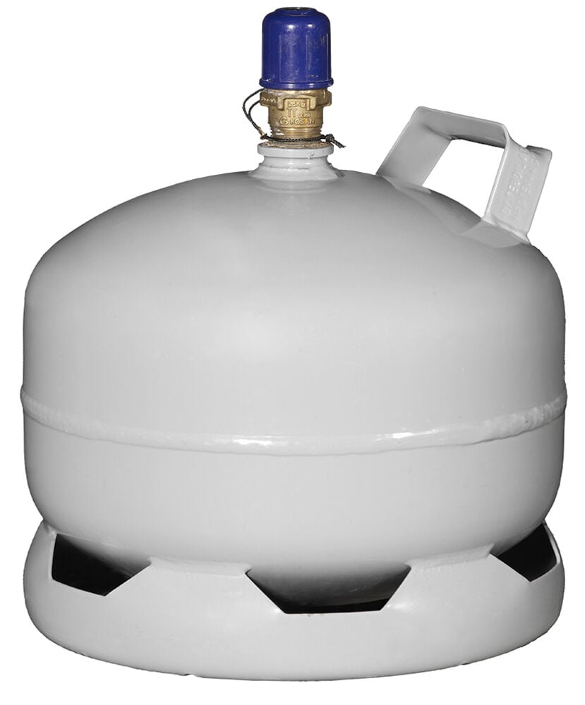 Valkoinen teräksinen kaasupullo sinisellä korkilla.