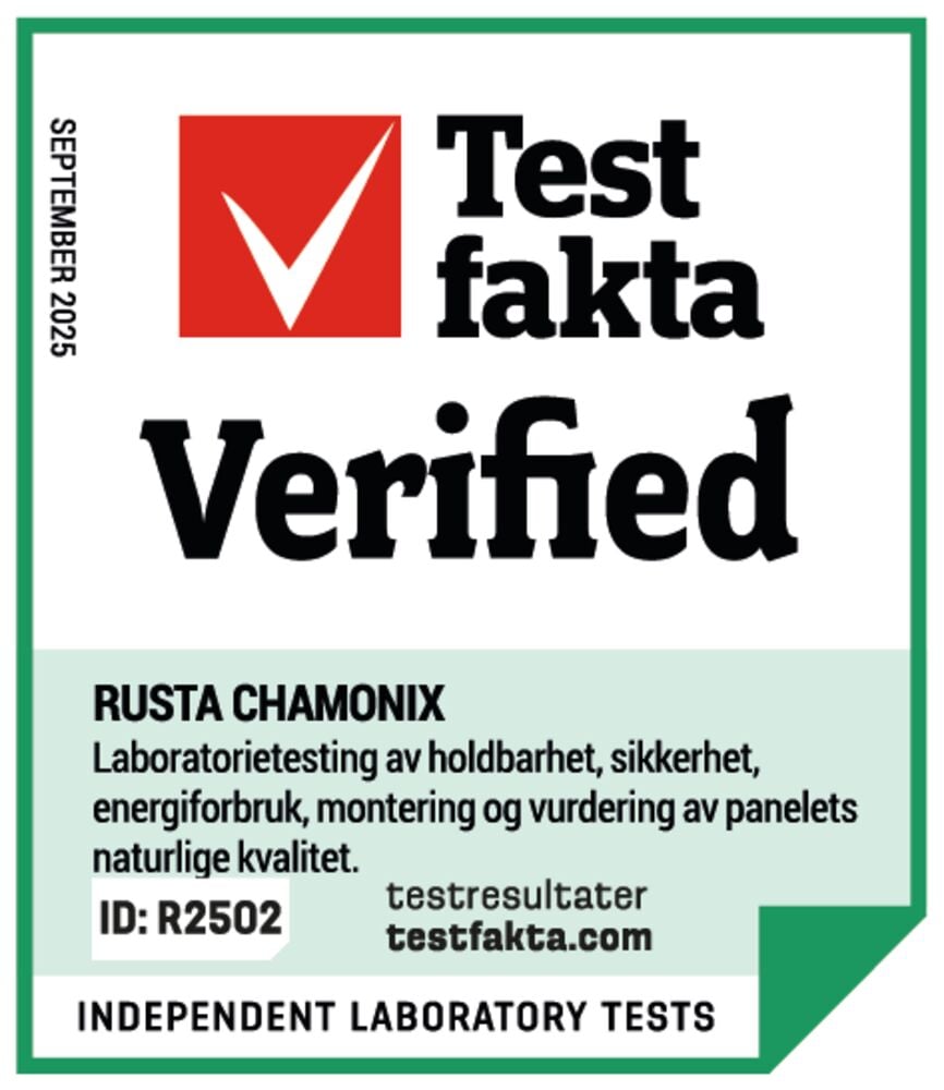 Test fakta Verified-etikett for Juletre Chamonix PVC/PE 146 LED, med verifiseringsdetaljer.