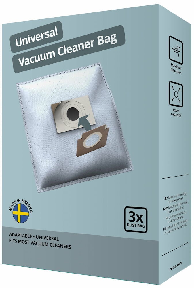 Blå kartong med universella dammsugarpåsar, tre stycken.