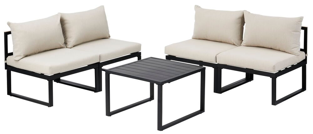 Musta alumiinipöytä, jossa on uritettu pöytäpinta ulkokäyttöön.