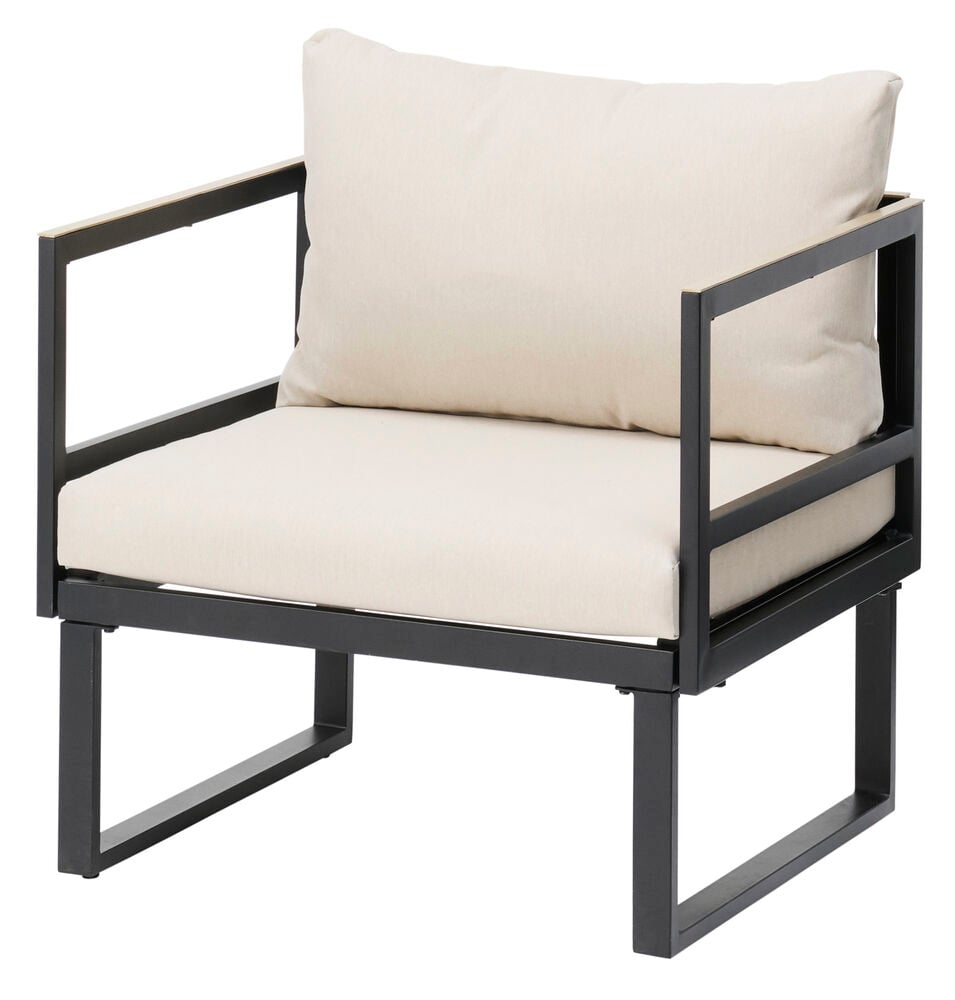 Musta metallirunko vaaleilla tyynyillä ja käsinojilla.