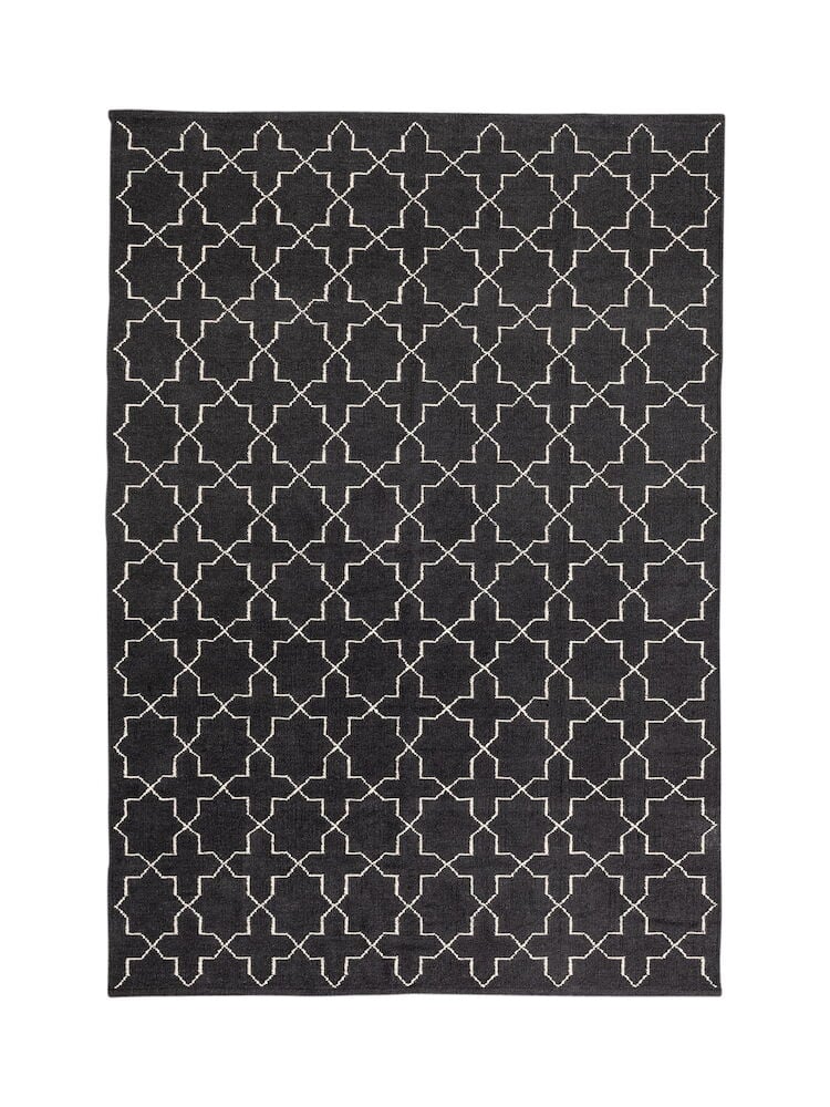 Tummanharmaa villamatto, jossa on valkoinen geometrinen kuvio.