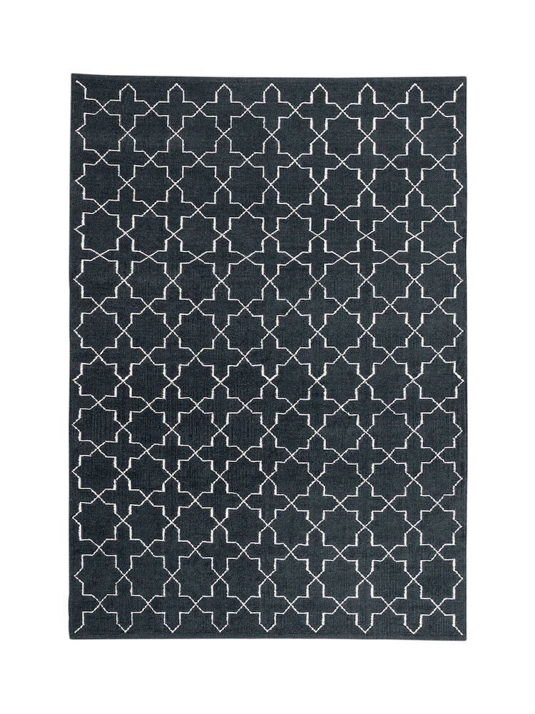 Tummansininen villamatto, jossa valkoinen geometrinen kuvio.