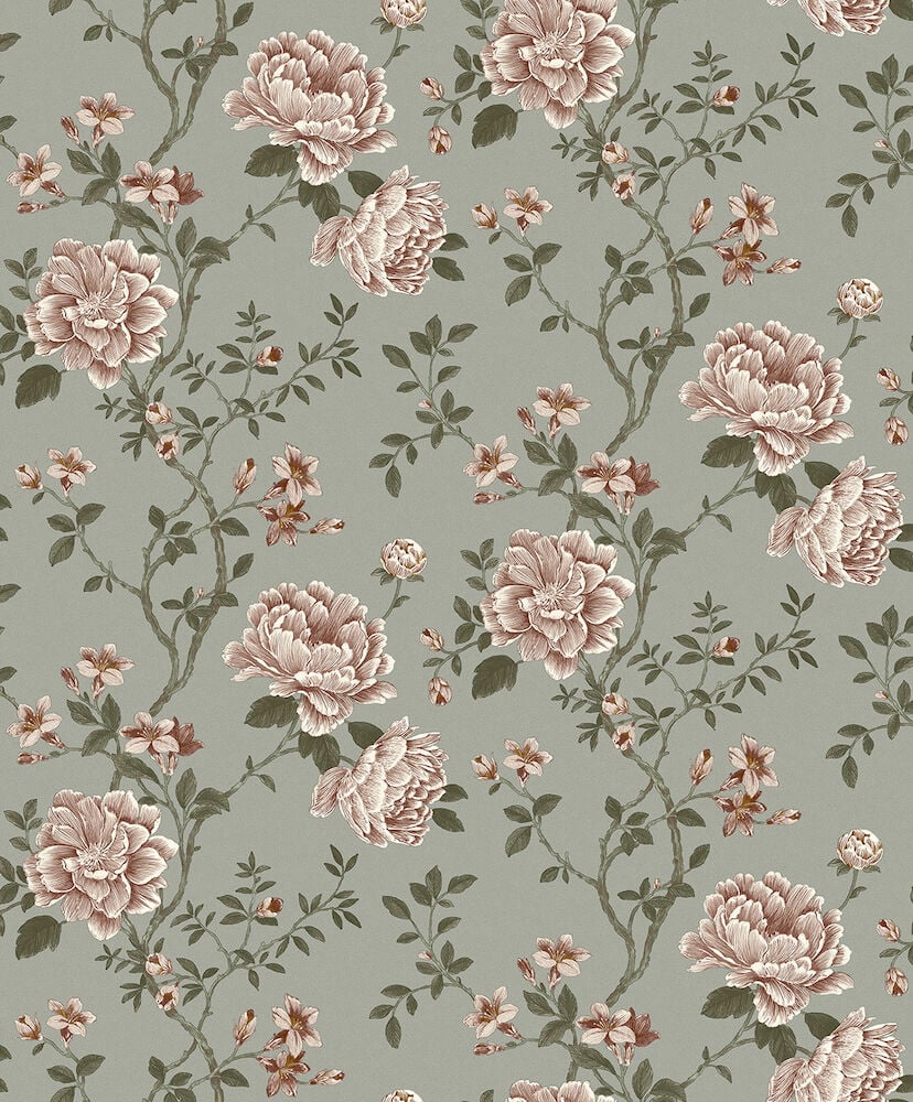 Grüne Tapete mit Kletterrosen und Blattmuster.