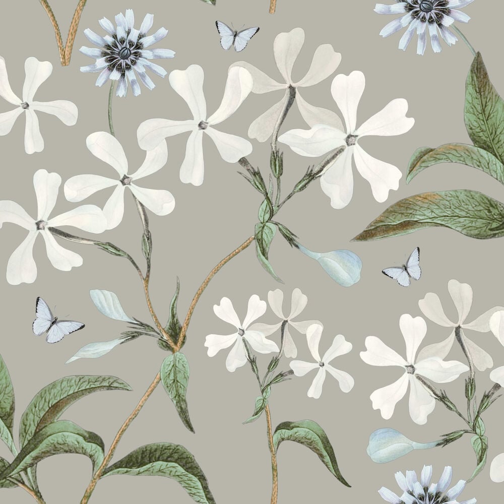 Grå tapet med vita blommor och blå fjärilar.