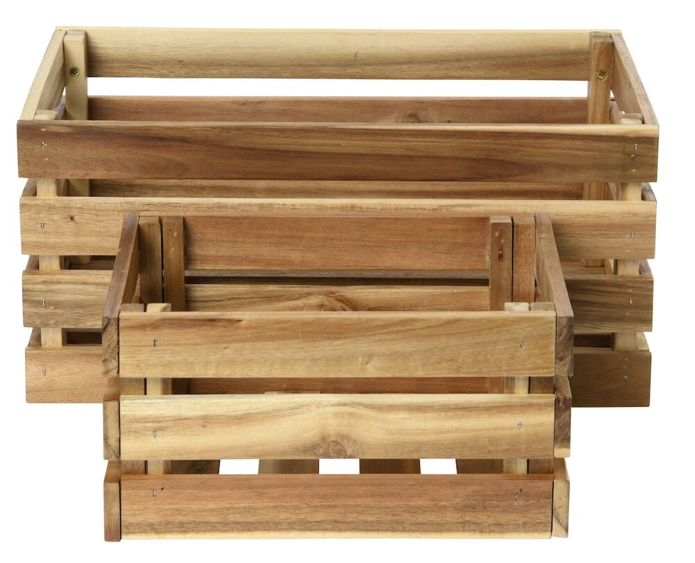 Kaksi suorakulmaista akaasiapuulaatikkoa pinottu yhdessä.