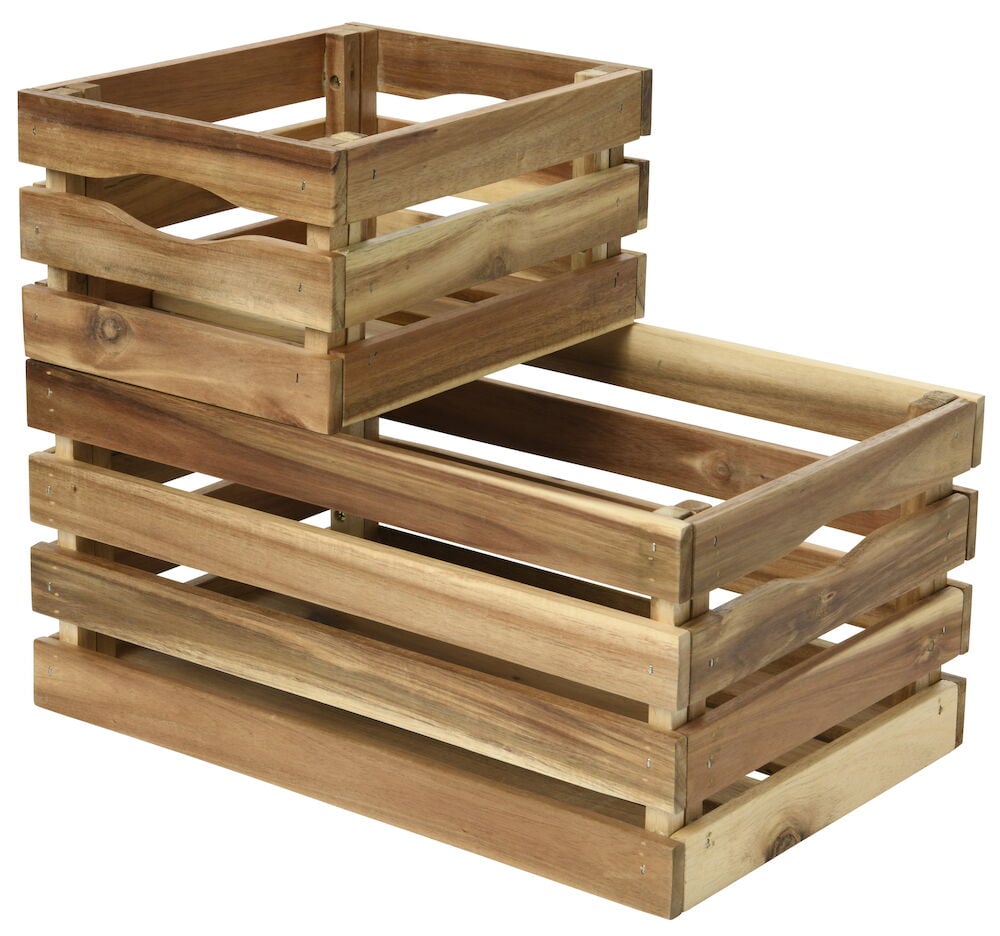 Kaksi avointa akaasiapuisista laatikkoa pinottu päällekkäin.