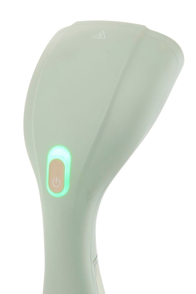 Lysegrønn Steamer GS26 med en opplyst strømknapp og varm damp-symbol på toppen.