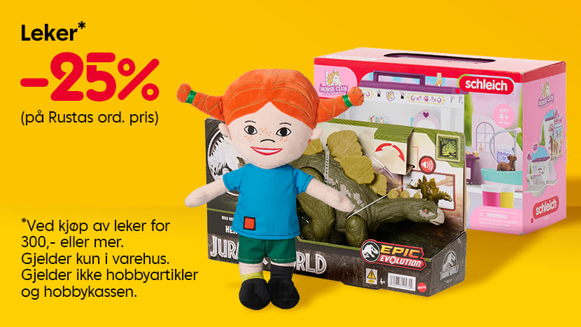 Leker -25% Ved kjøp av leker for 300,- eller mer. Gjelder kun i varehus. Gjelder ikke hobbyartikler og hobbykassen.