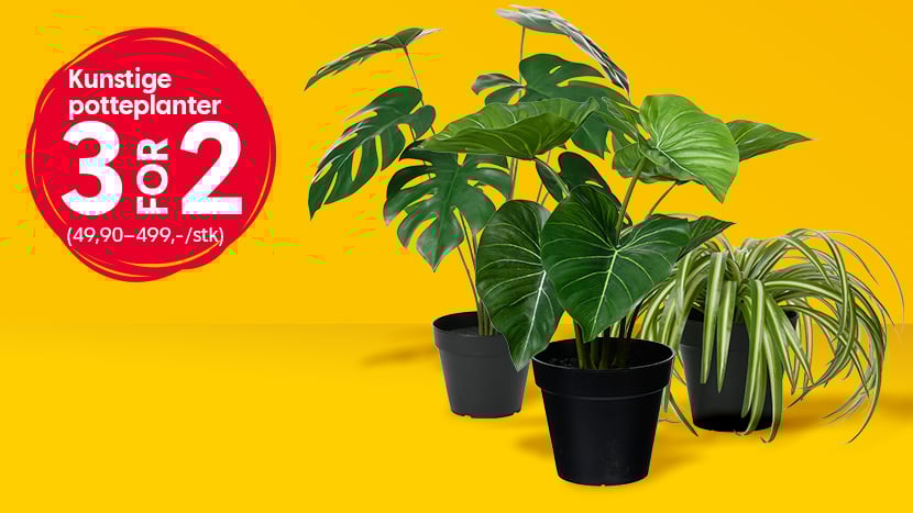 Kunstige potteplanter 3 for 2. (Ord. pris 49,90–499,-/stk).