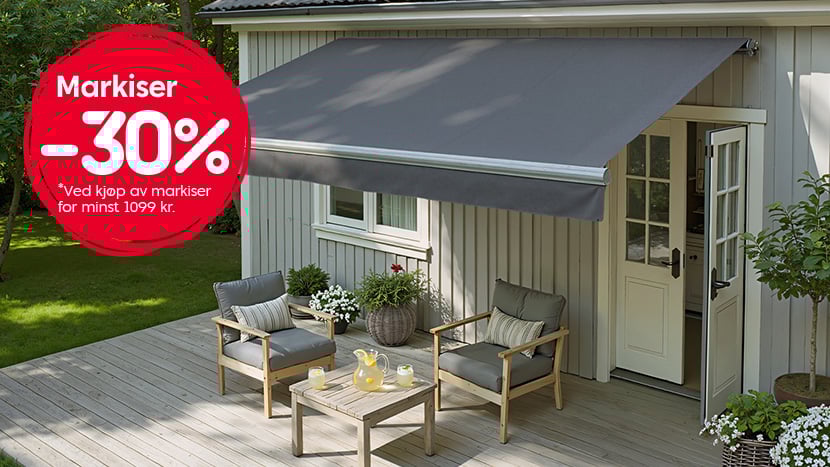 Markiser -30% Ved kjøp av markiser for minst 1099 kr.