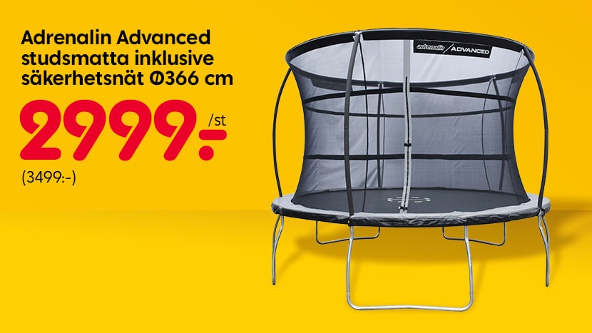 Studsmatta Adrenalin Advanced inklusive säkerhetsnät Ø366 cm 2999 kr. (Ord. pris 3499 kr).