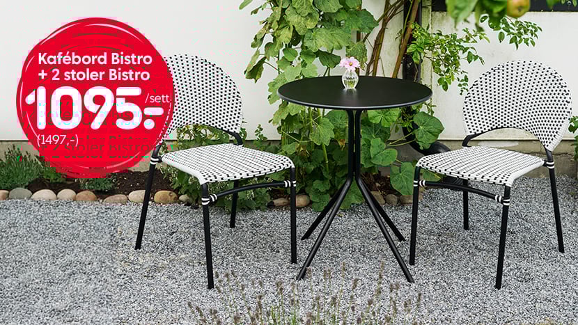Kafébord Bistro + 2 stoler Bistro 1095,-. (ord pris 1497,-).