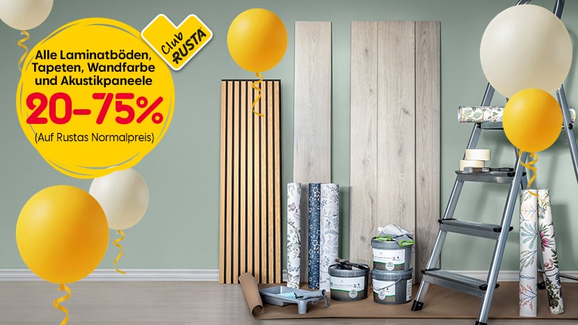 CLUB RUSTA: Alle Laminatböden, Tapeten, Nyans Wandfarbe und Akustikpaneele 20-75%.