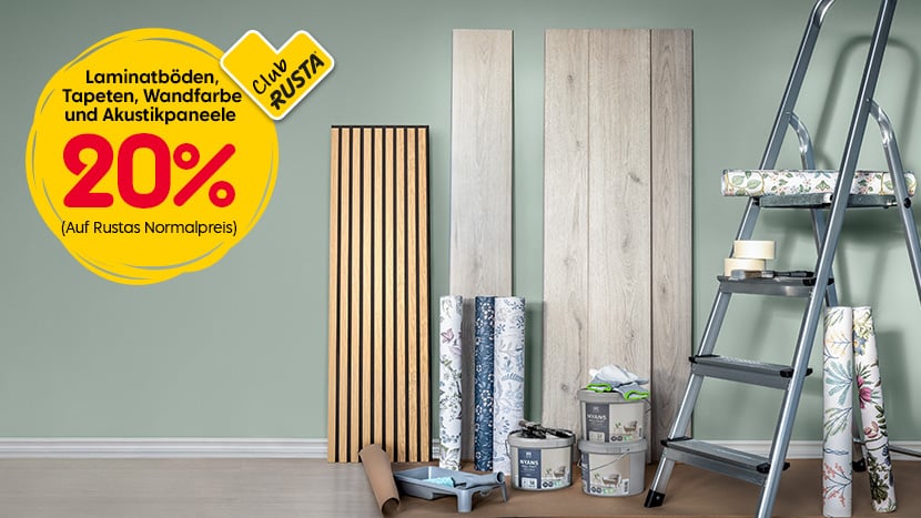 CLUB RUSTA: Alle Laminatböden, Tapeten, Akustikpaneele und Nyans Wandfarbe 20%.