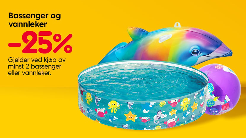 Bassenger og vannleker -25%. Rabatten gjelder ved kjøp av minst 2 bassenger eller vannleker.
