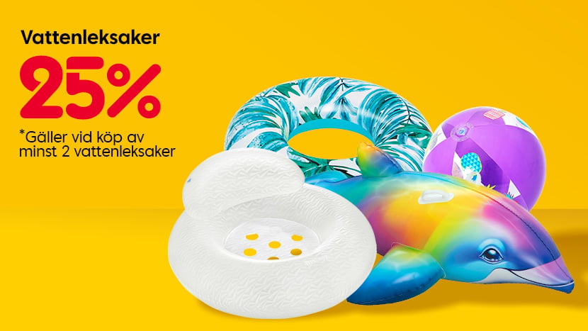 Vattenleksaker 25%. Rabatten gäller vid köp av minst 2 vattenleksaker.