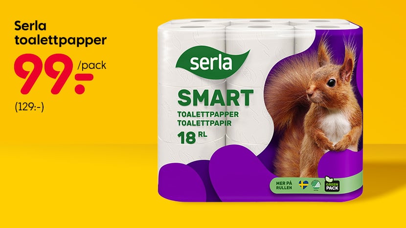 Serla toalettpapper 99 kr. Ordinarie pris 129 kr.