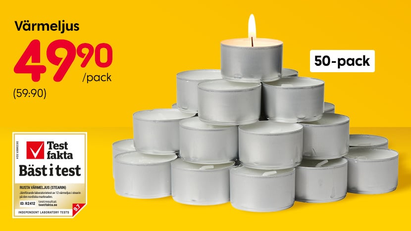 Värmeljus 50-pack 49:90/pack (ord. pris 59:90).
