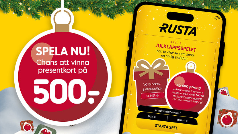 Reklambild för Rustas julklappsspel med chans att vinna presentkort.