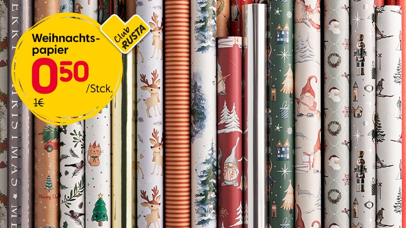 CLUB RUSTA: Weihnachts- und Geschenkpapier 0,50/Stck. (Normalpreis 1€).