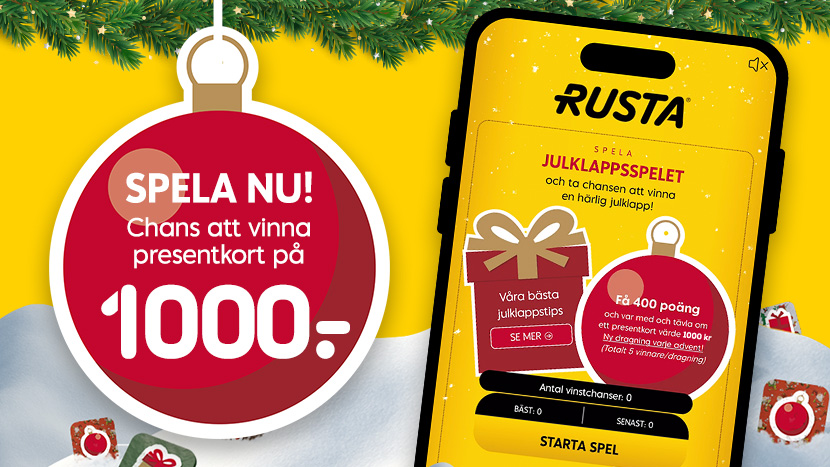 Reklambild för Rustas julklappsspel med chans att vinna presentkort på 1000 kronor.