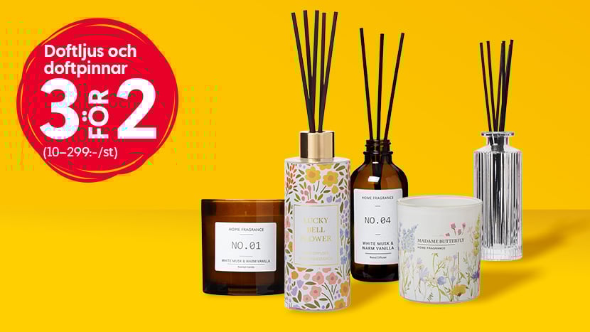 Doftljus och doftpinnar 3 för 2 (10–299:-/st).