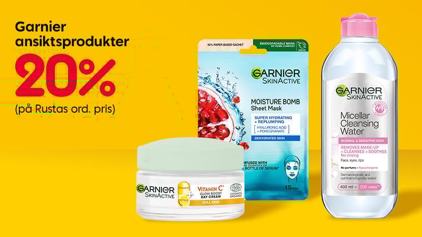 Garnier ansiktsprodukter 20%.