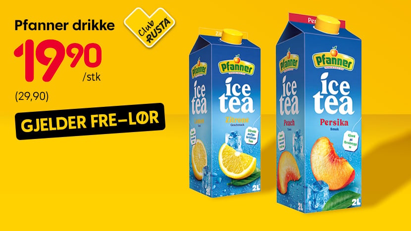 Gjelder FRE–LØR for medlemmer i Club Rusta: Pfanner drikke 19,90/stk. (Ord. pris 29,90).